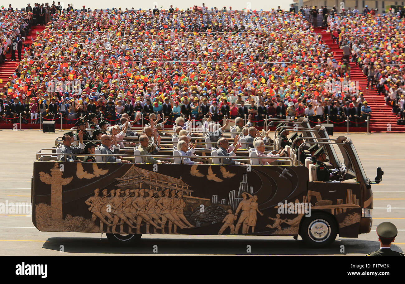 Sept. 3, 2015 - Beijing, CHINA - Over 12,000 soldiers and hundreds of tanks, ballistic missile launchers, amphibious assault vehicles, drones, fighter jets, helicopters and other military equipment participate in a massive parade marking the 70th anniversary of victory over Japan and the end of World War II in Beijing on September 3, 2015. Presiding over the extravaganza, President Xi Jinping, China's most powerful leader in decades, said that China would remain committed to ''the path of peaceful development'' and unexpectedly vowed to cut 300,000 troops from its 2.3-million strong military, Stock Photo