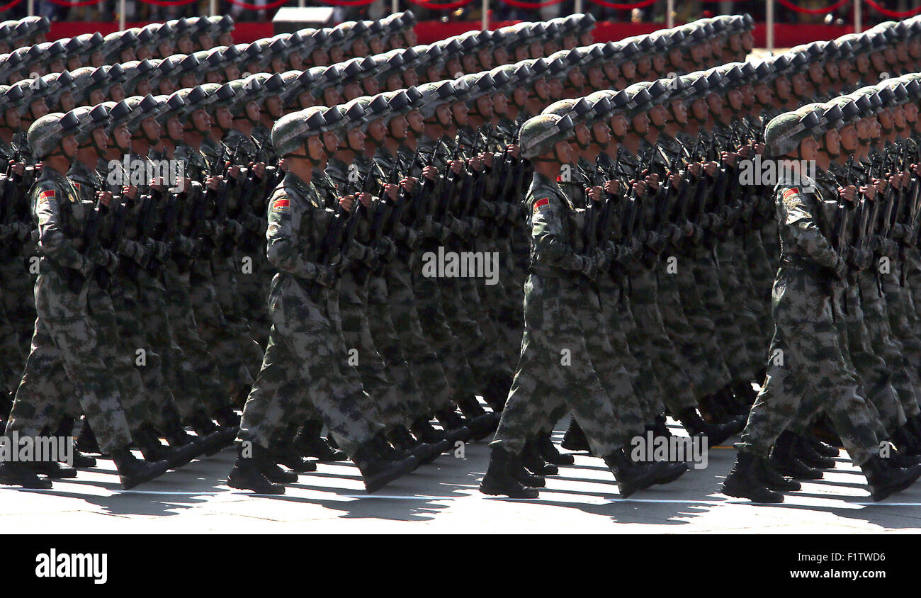 Sept. 3, 2015 - Beijing, CHINA - Over 12,000 soldiers and hundreds of tanks, ballistic missile launchers, amphibious assault vehicles, drones, fighter jets, helicopters and other military equipment participate in a massive parade marking the 70th anniversary of victory over Japan and the end of World War II in Beijing on September 3, 2015. Presiding over the extravaganza, President Xi Jinping, China's most powerful leader in decades, said that China would remain committed to ''the path of peaceful development'' and unexpectedly vowed to cut 300,000 troops from its 2.3-million strong military, Stock Photo