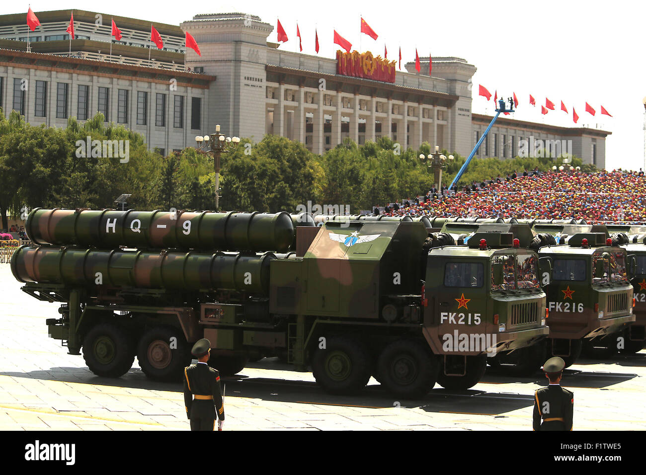 Sept. 3, 2015 - Beijing, CHINA - Over 12,000 soldiers and hundreds of tanks, ballistic missile launchers, amphibious assault vehicles, drones, fighter jets, helicopters and other military equipment participate in a massive parade marking the 70th anniversary of victory over Japan and the end of World War II in Beijing on September 3, 2015. Presiding over the extravaganza, President Xi Jinping, China's most powerful leader in decades, said that China would remain committed to ''the path of peaceful development'' and unexpectedly vowed to cut 300,000 troops from its 2.3-million strong military, Stock Photo