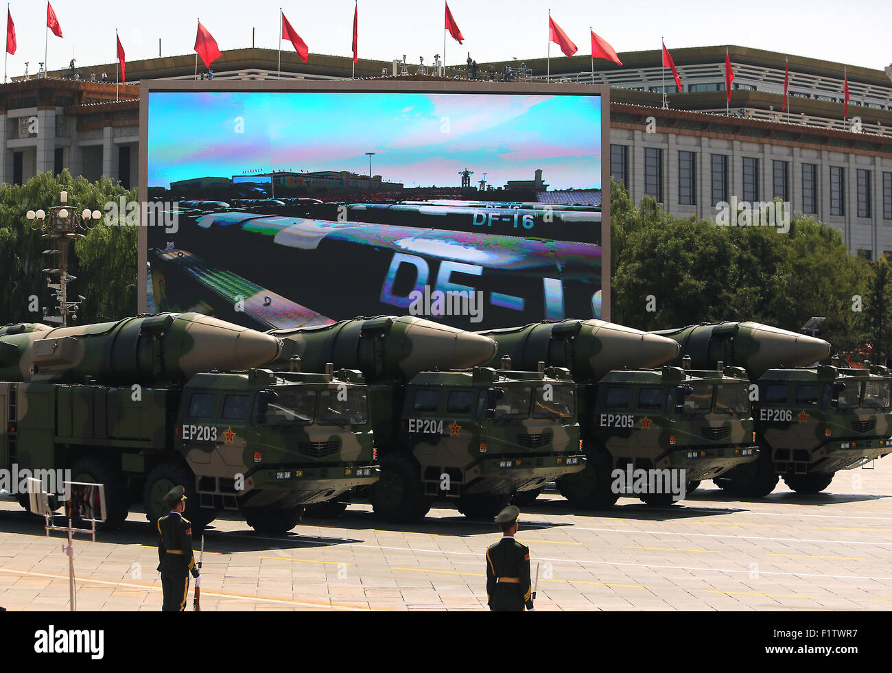 Sept. 3, 2015 - Beijing, CHINA - Over 12,000 soldiers and hundreds of tanks, ballistic missile launchers, amphibious assault vehicles, drones, fighter jets, helicopters and other military equipment participate in a massive parade marking the 70th anniversary of victory over Japan and the end of World War II in Beijing on September 3, 2015.  Presiding over the extravaganza, President Xi Jinping, China's most powerful leader in decades, said that China would remain committed to ''the path of peaceful development'' and unexpectedly vowed to cut 300,000 troops from its 2.3-million strong military, Stock Photo