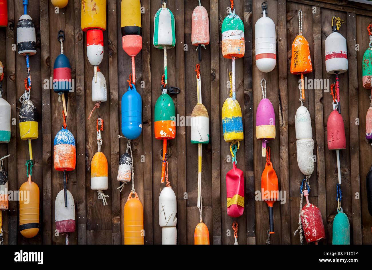 Lobster trap buoys in a New England harbor in Maine, USA. Stock Photo