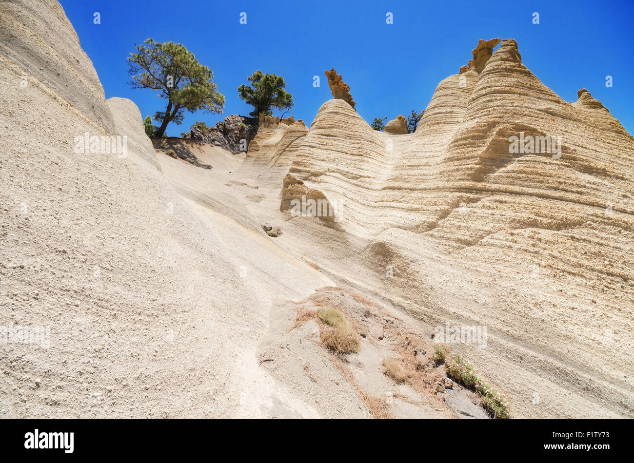Scenic view of rare geological formations in a volcanic landscape (moonscape) in Tenerife, Spain Stock Photo