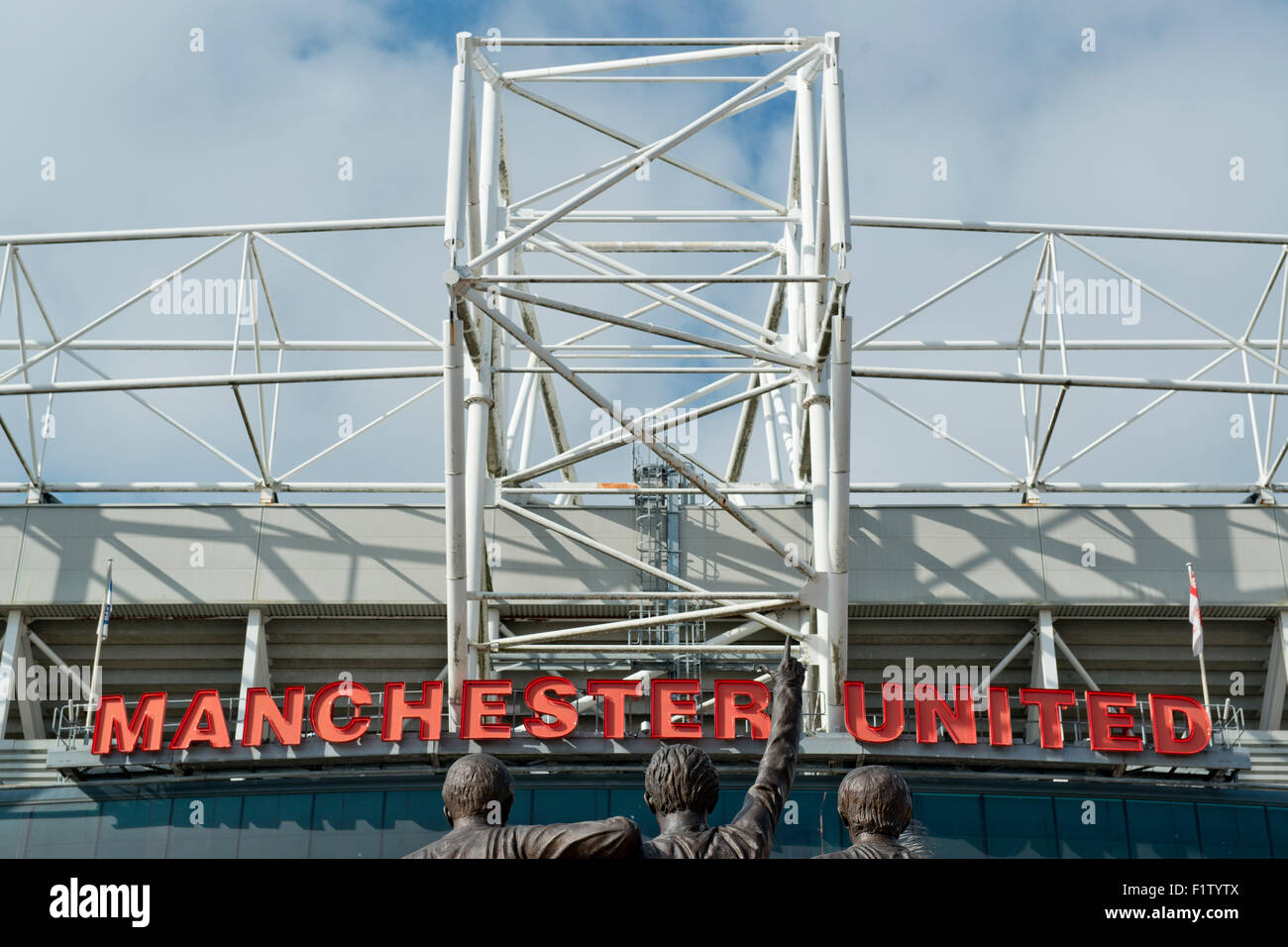 The sign of Manchester United Football Club on the side of the club's stadium of Old Trafford (Editorial use only) Stock Photo