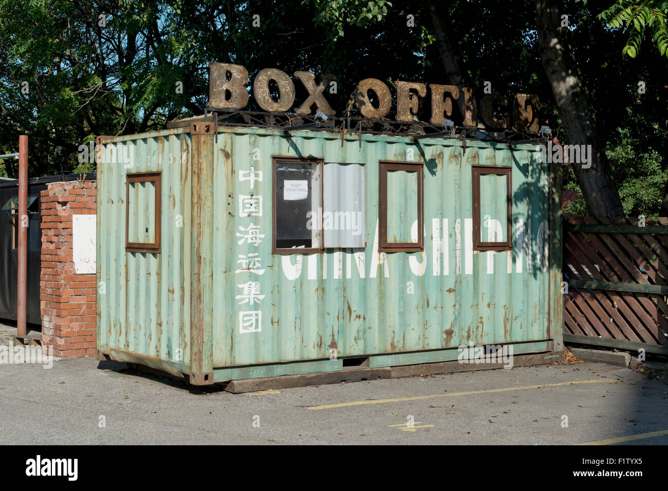 A China Shipping container turned into a box office at the Victoria Warehouse on Trafford Wharf Road in Stretford, Manchester. Stock Photo