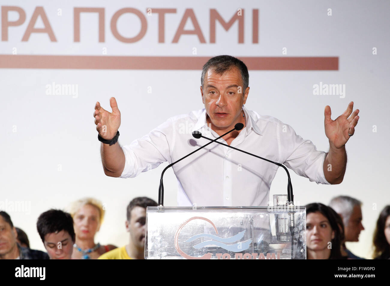 Athens, GREECE. 7th Sep, 2015. Stavros Theodorakis, leader of the political party To Potami (The River) talks during election campaign in northern Athens. Greeks vote in parliamentary elections Sept. 20. © Aristidis Vafeiadakis/ZUMA Wire/Alamy Live News Stock Photo