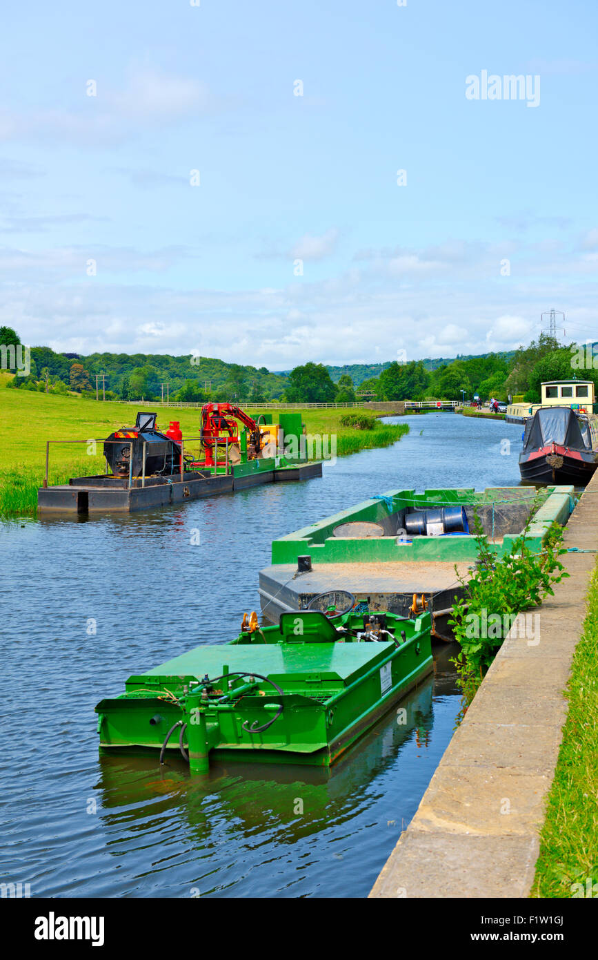 Maintenance barges along the Leeds and Liverpool canal for repair work on the canal, UK Stock Photo