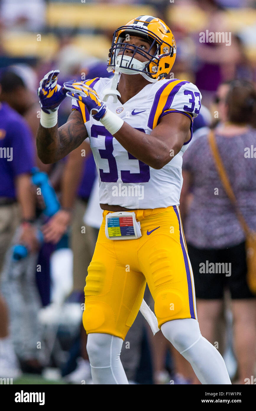 Delay. 5th Sep, 2015. LSU Tigers safety Jamal Adams (33) warms up before the game between the LSU Tigers and McNeese State Cowboys at Tiger Stadium in Baton Rouge, LA. The game was canceled after a 4 hour rain delay. © csm/Alamy Live News Stock Photo