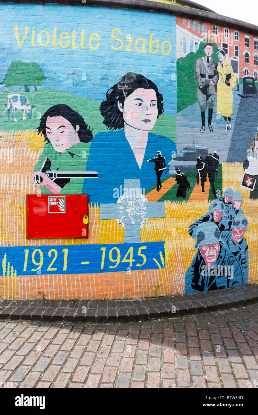 A mural painted as a memorial to Violette Szabó in Stockwell, South London.  DETAILS IN DESCRIPTION. Stock Photo