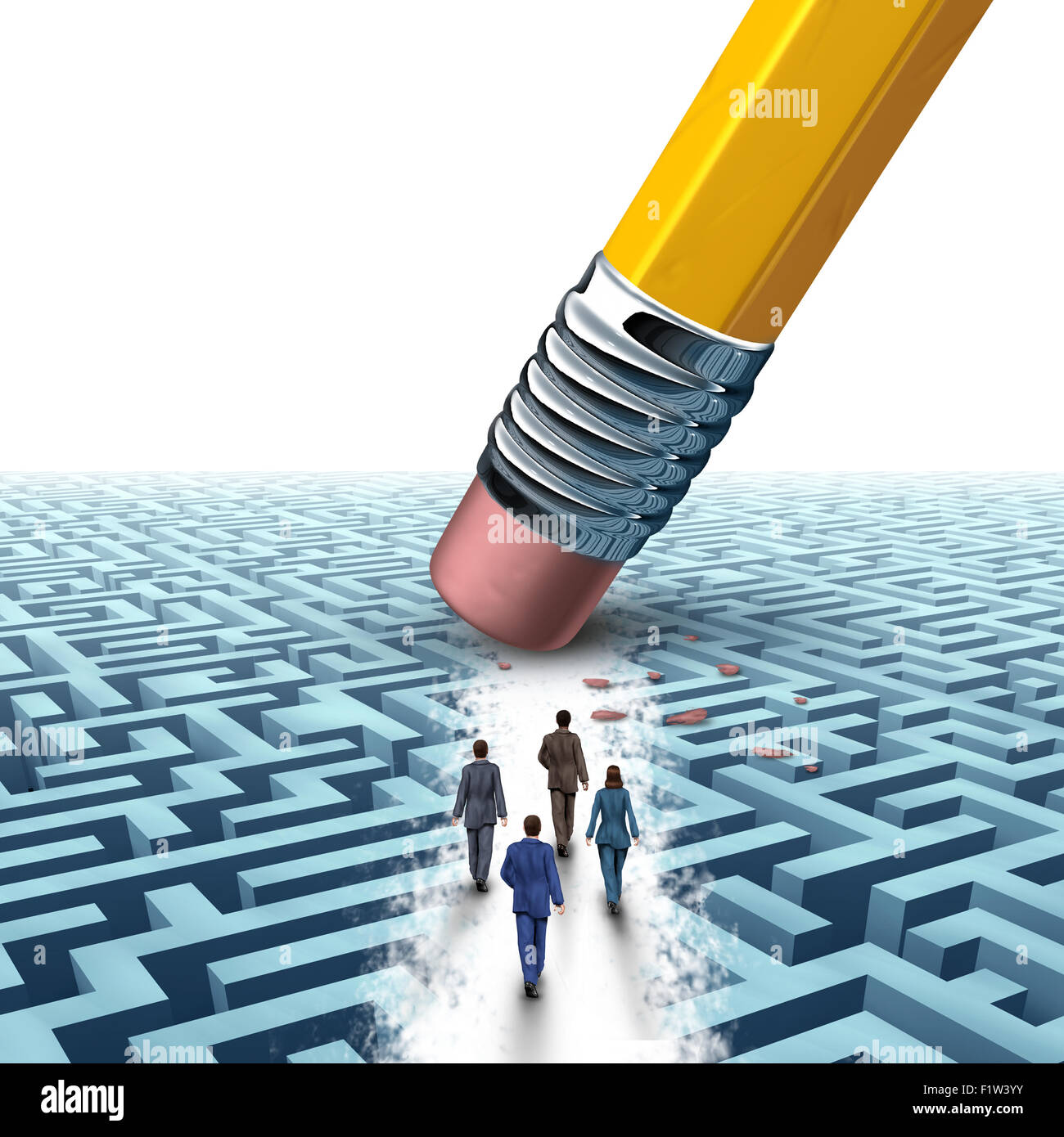 Team business management as several businesspeople walking in a clear path on a maze or labyrinth as an eraser from a pencil creating a clear path to a successful company solution as a motivation metaphor. Stock Photo