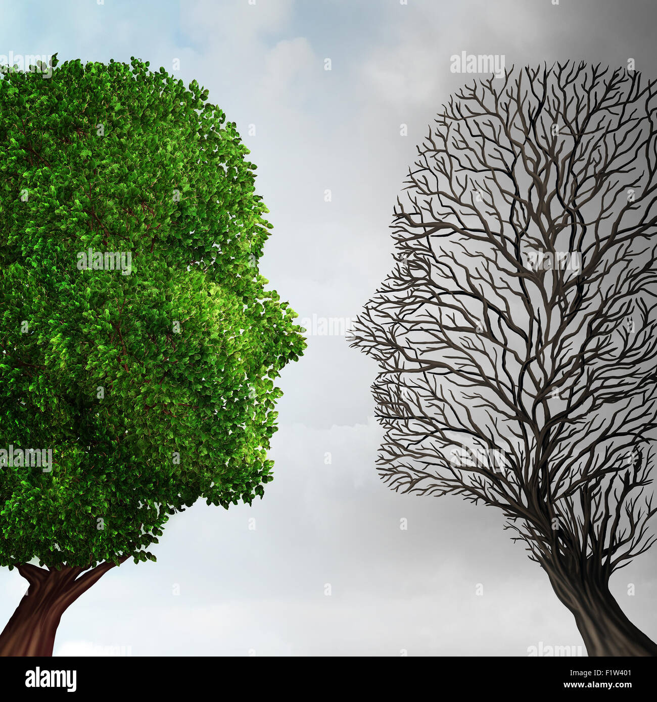 Social ecology and environment change or global warming environmental concept as a scene cut in two with half showing a  healthy green growing plant and the opposite a dead tree shaped as a human head caused by pollution.  . Stock Photo