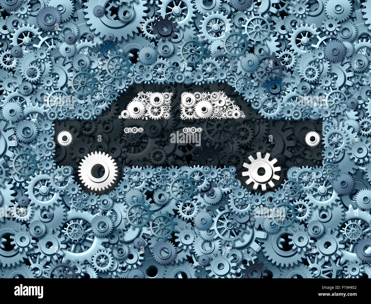 Automobile business and car industry concept as a group of gears shaped as a generic auto as a mechanic symbol or auto insurance industry transportation icon. Stock Photo