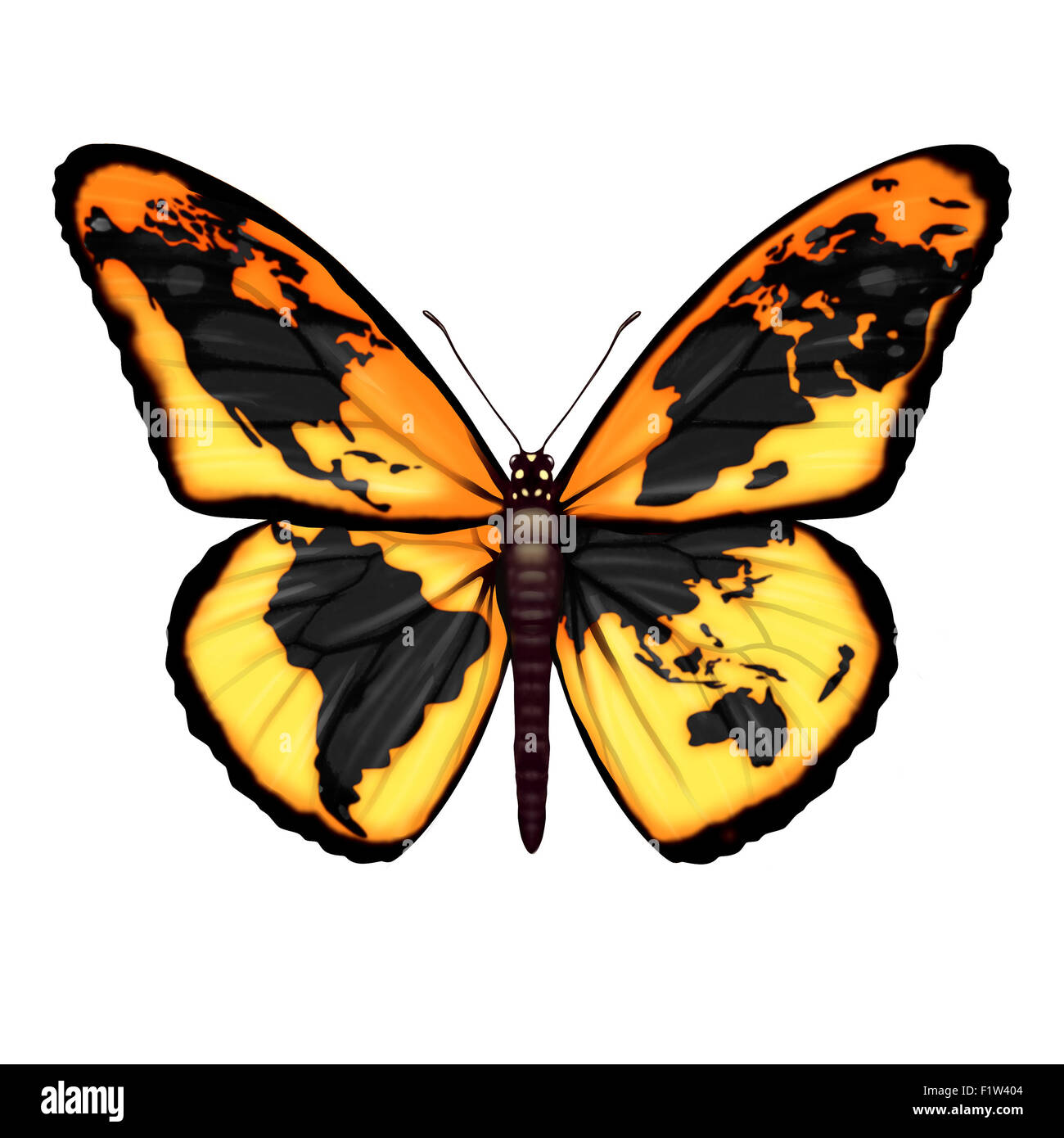 Global Butterfly symbol for the environment or migrant refugee crisis escaping to freedom from world crisis zones as a migratory insect with a map of the planet earth as a metaphor for international social and ecological hope. Stock Photo