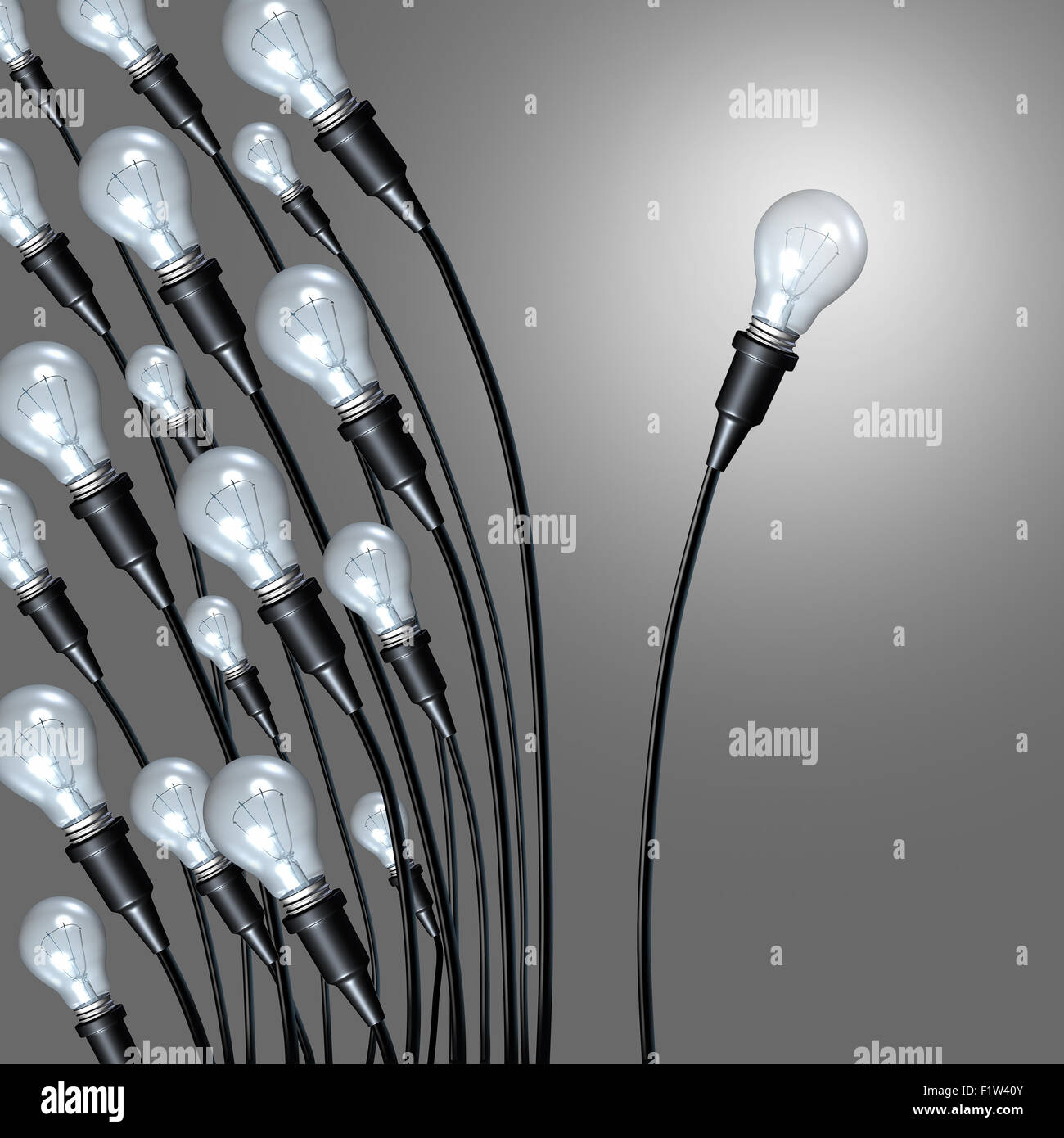 Independent idea business concept and new creative thinking and individual creativity symbol or going it alone breaking away from a group as a a bunch of lightbulbs leaning on one side and an individual light setting a new path. Stock Photo