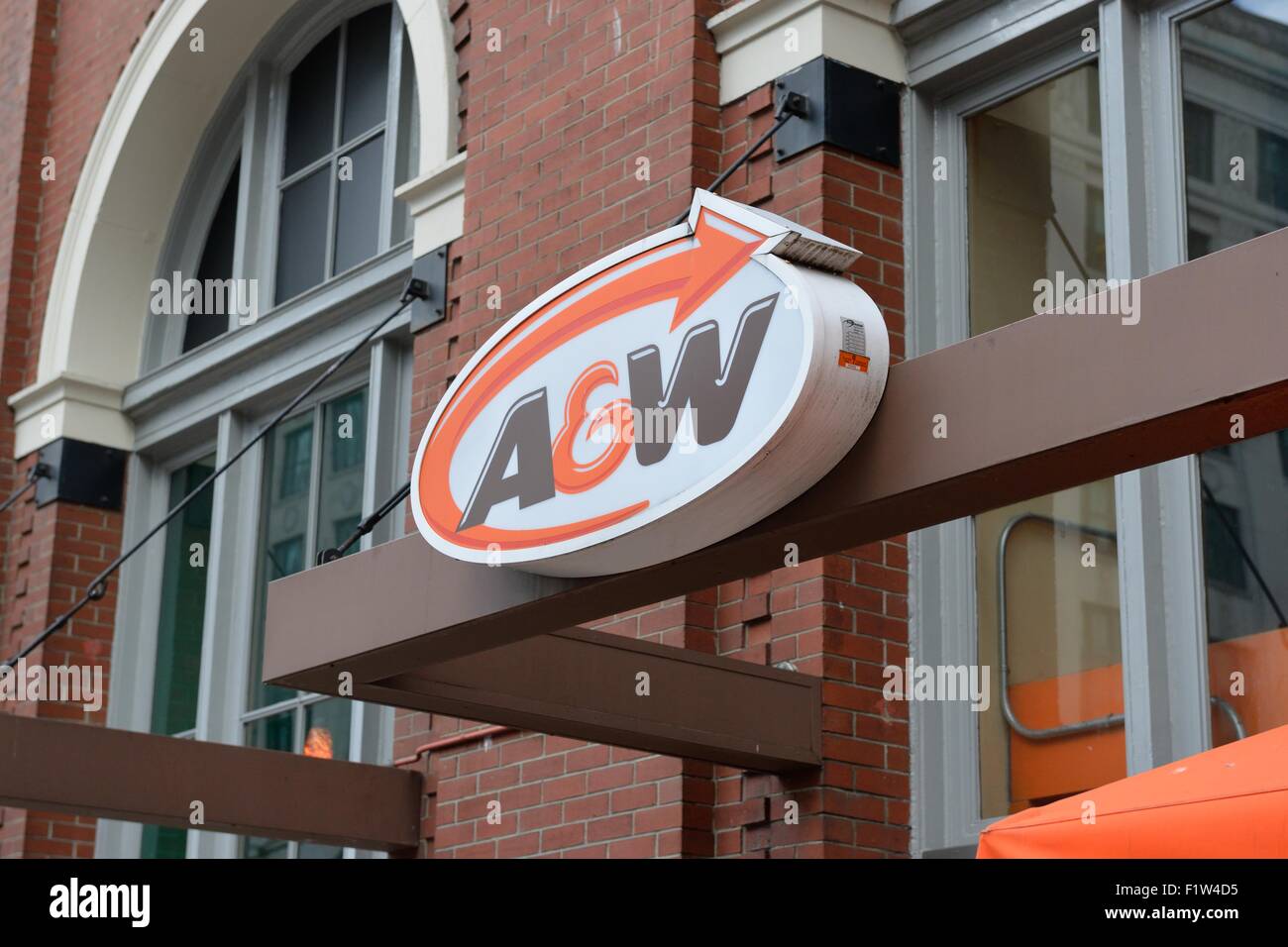 An A&W sign above shop entrance in Canada Stock Photo