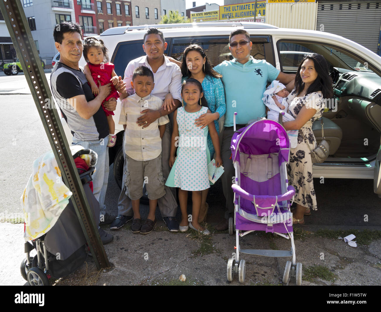Ecuadorian families outside after church service in the Williamsburg section of Brooklyn, New York. Stock Photo
