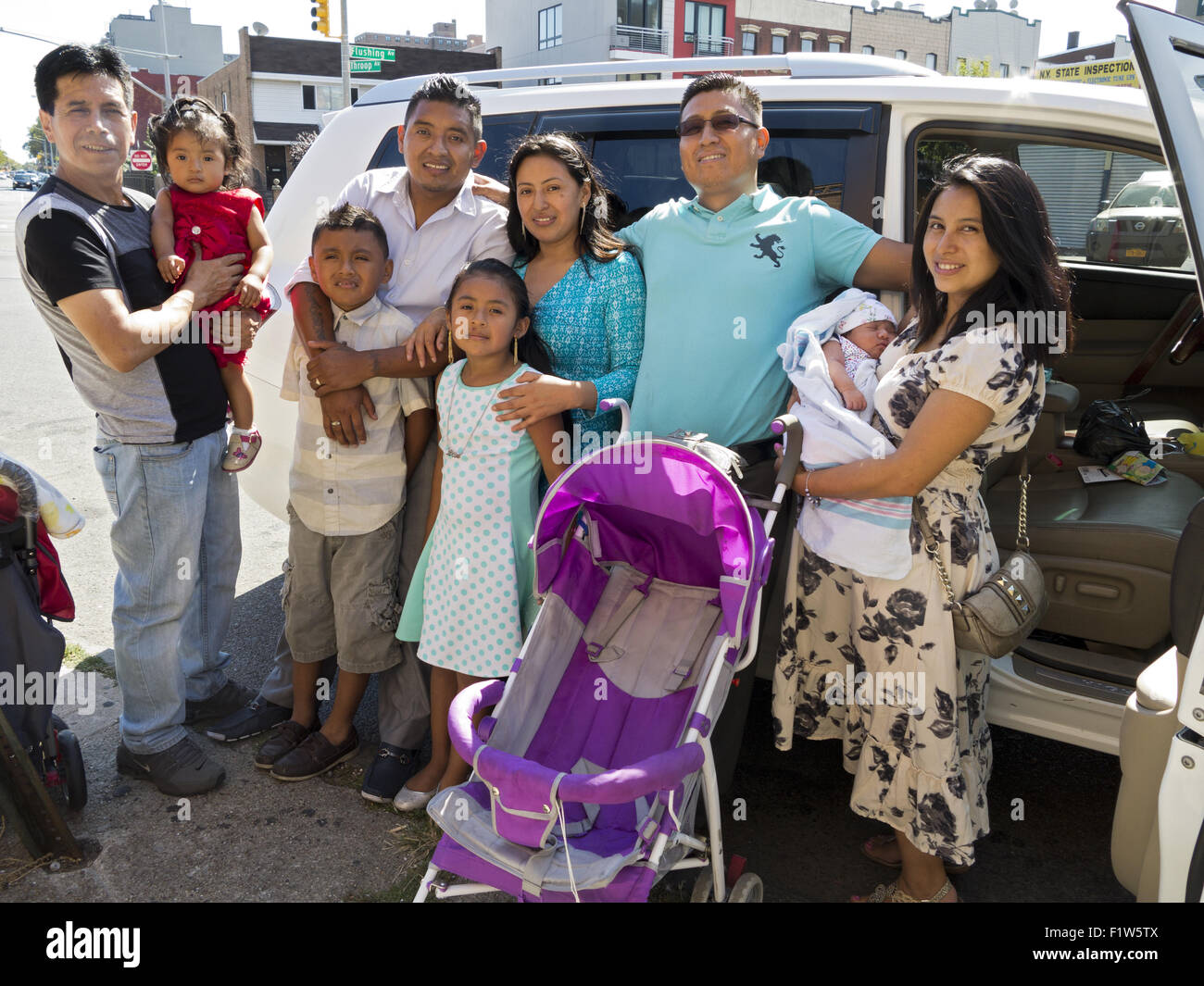Ecuadorian families outside after church service in the Williamsburg section of Brooklyn, New York. Stock Photo