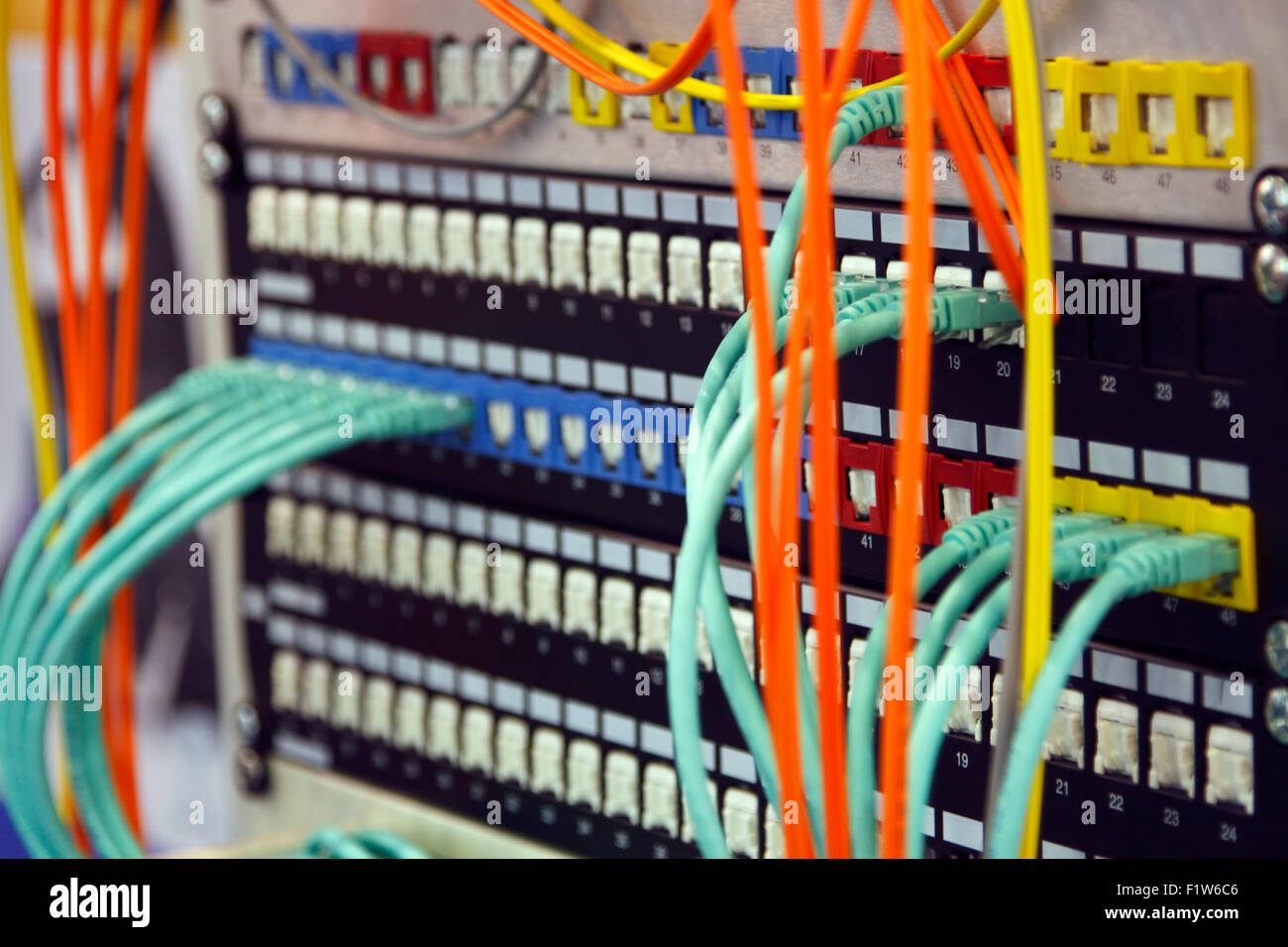 Network switching hardware with cables connected Stock Photo Alamy