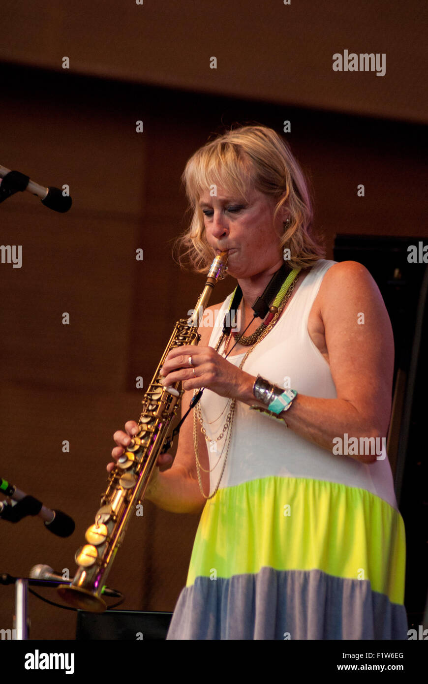 Chicago, Illinnois, USA. 6th Sep, 2015. Sunday, September 7, 2015, was the fourth and final day of the Chicago Jazz Festival. Music permeated Millennium Park in the heart of Chicago from noon until well into the night. At the Pritzker Pavillion, the evening performances featured Jane Burnett & Maqueque, all all female sextet, French singer Cyrille Aimée and the reunion of the Muhal Richard Abrams' Experimental Band. Pictured Jane Bunnett © Karen I. Hirsch/ZUMA Wire/Alamy Live News Stock Photo