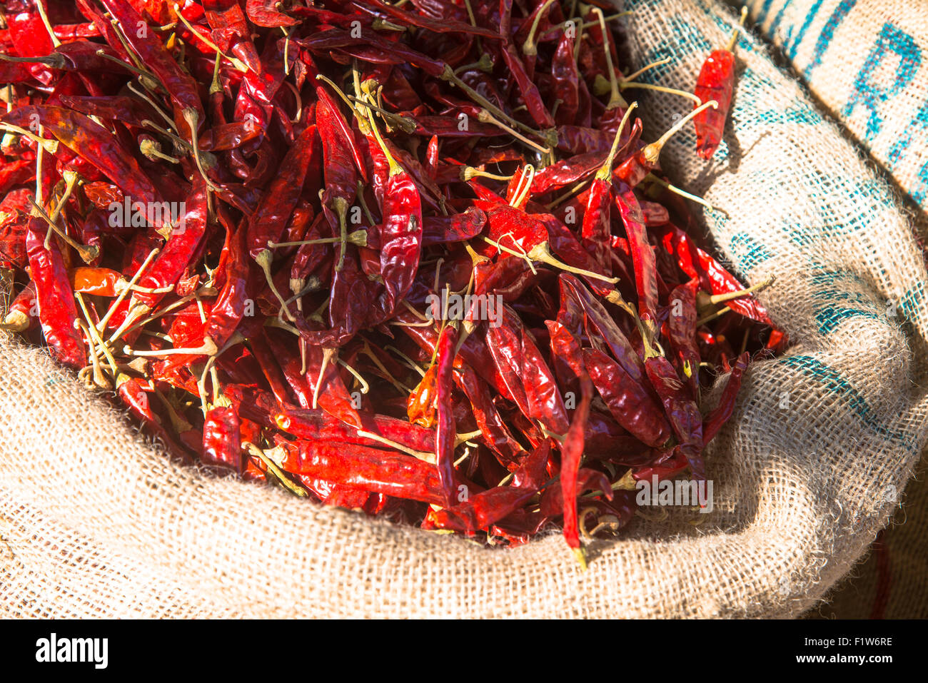 red hot peppers in bag at shop in negombo sri lanka Stock Photo