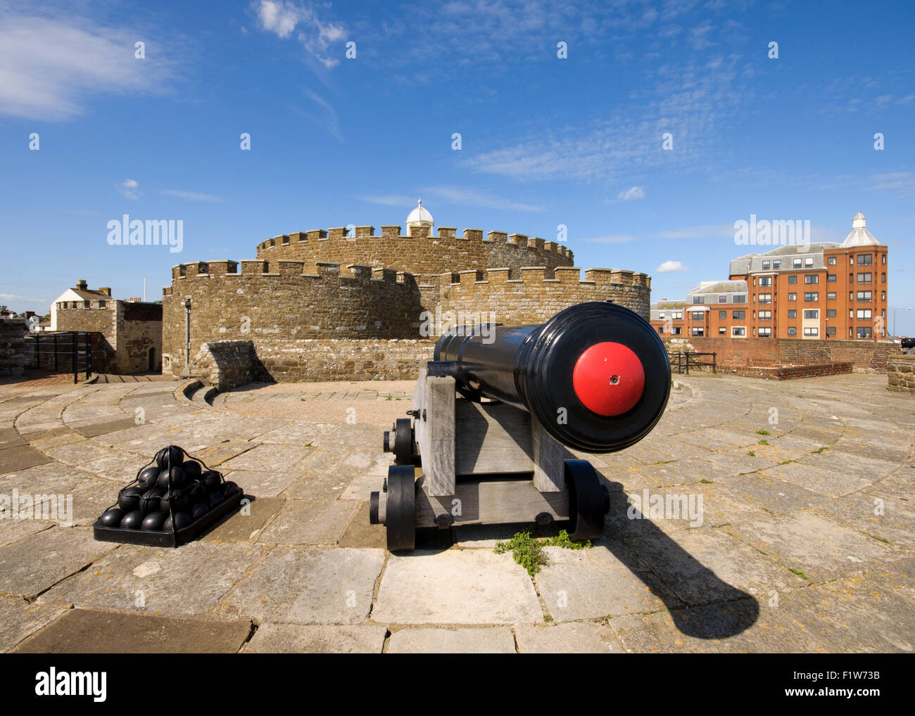 Close up of cannon and cannonballs at Deal Castle in Kent, England, UK Stock Photo