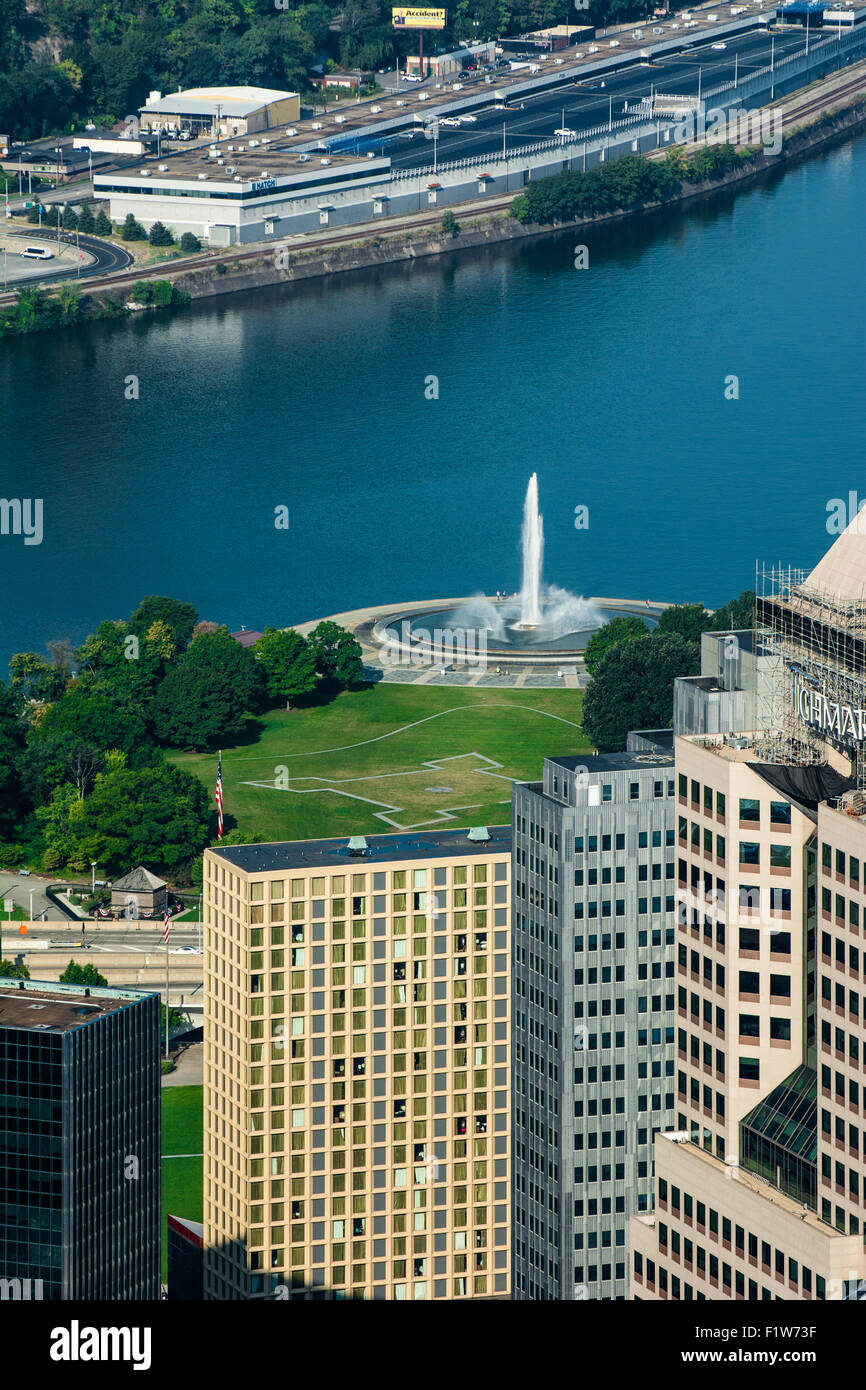 The fountain at Point State Park at Pittsburgh, Pennsylvania's 'point' sits at the intersection of its three rivers. Stock Photo