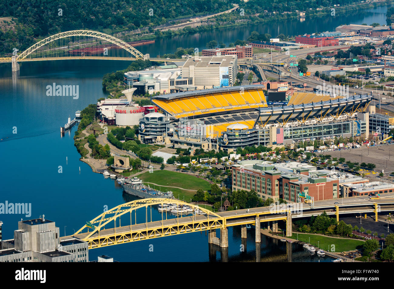 An aerial view of Heinz Field and the Fort Duquesne Bridge, and the