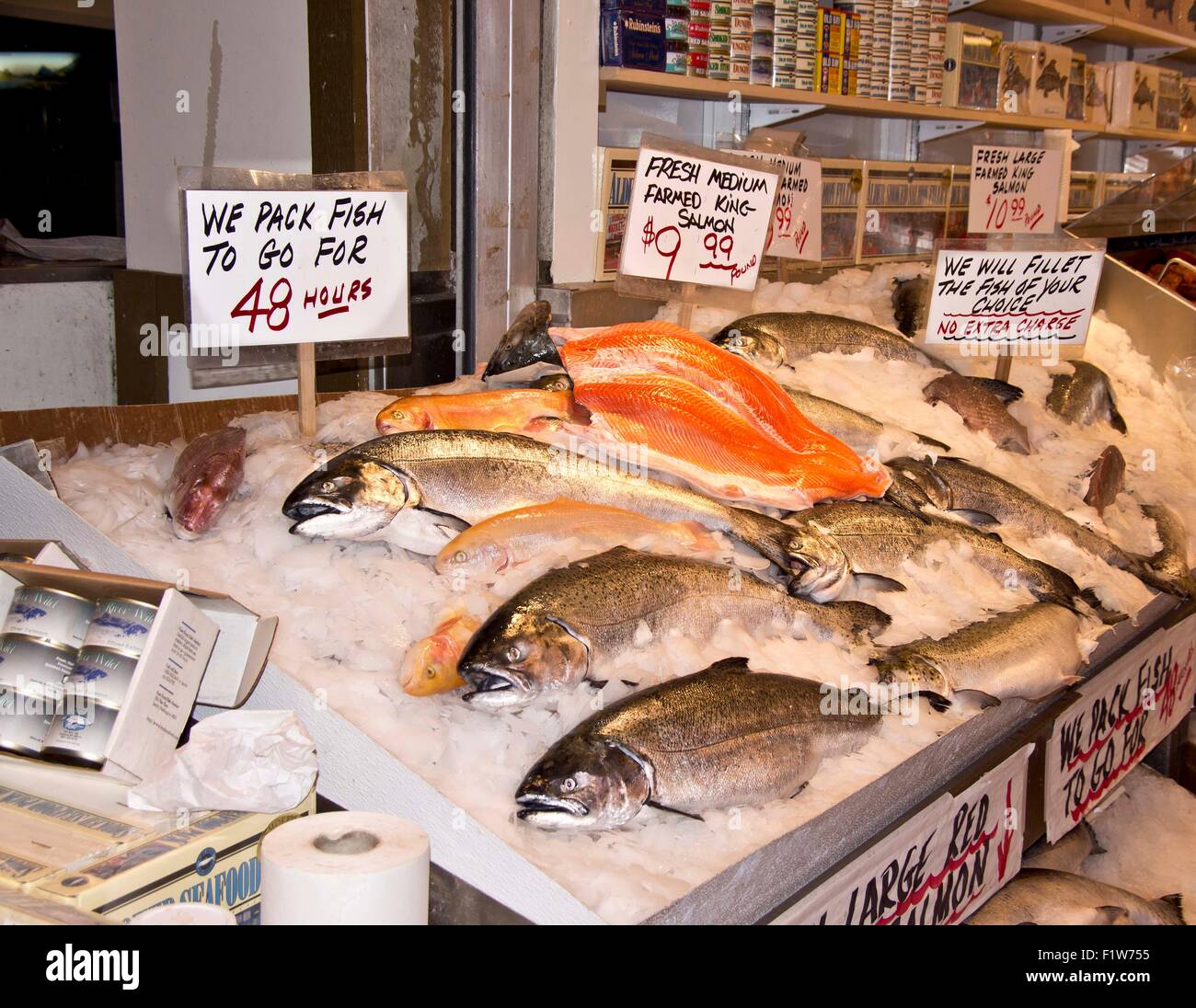 Fresh salmon for sale at a fish market Stock Photo Alamy