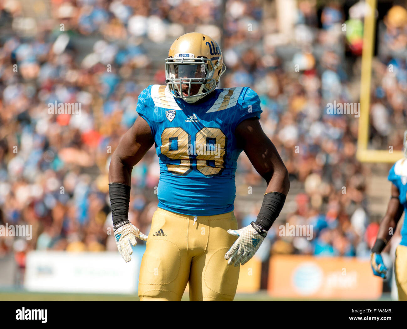 Pasadena, CA. 5th Sep, 2015. UCLA Bruins defensive lineman (98) Takkarist McKinley in action during the Virginia Cavaliers vs UCLA Bruins football game. 13th ranked UCLA defeated Virginia 34-16 on Saturday, September 5, 2015 at the Rose Bowl in Pasadena, California. (Mandatory Credit: Juan Lainez/MarinMedia.org/Cal Sport Media) (Complete photographer, and credit required) © csm/Alamy Live News Stock Photo