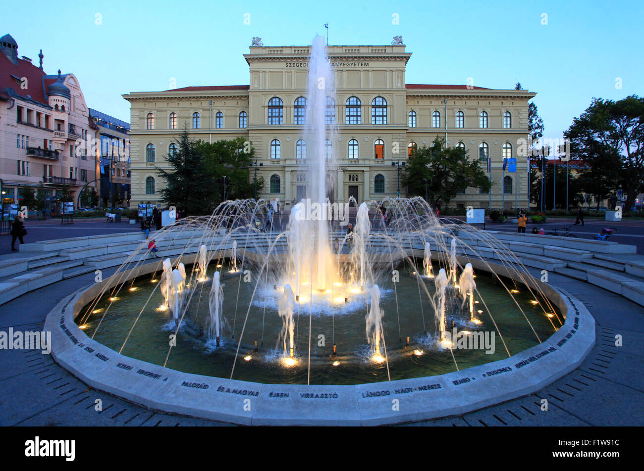 Hungary, Szeged, University, Dugonics Square, fountain, Stock Photo