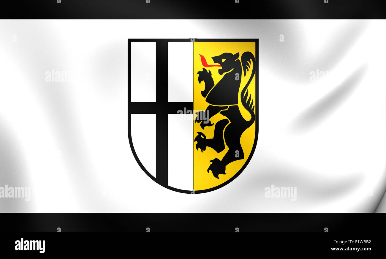 3D Flag of Rhein-Kreis Neuss, Germany. Close Up. Stock Photo