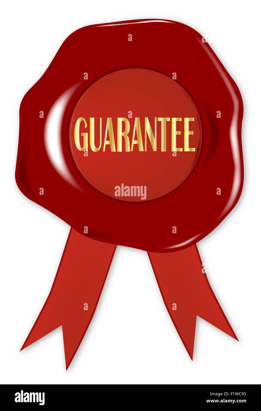 A wax seal with the word 'GUARANTEE' embossed in gold text Stock Photo