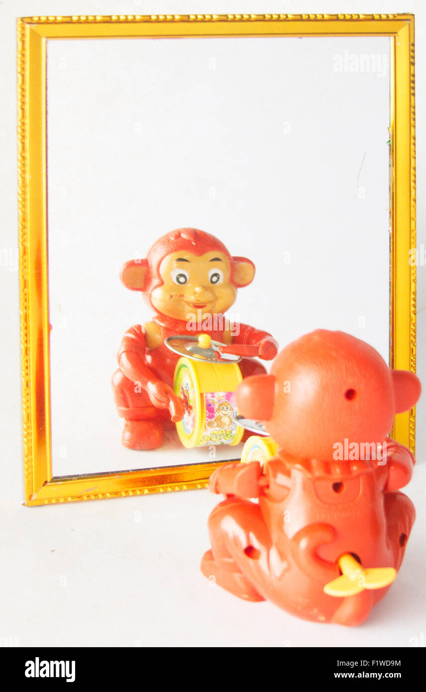 toy monkey playing in the mirror Stock Photo Alamy