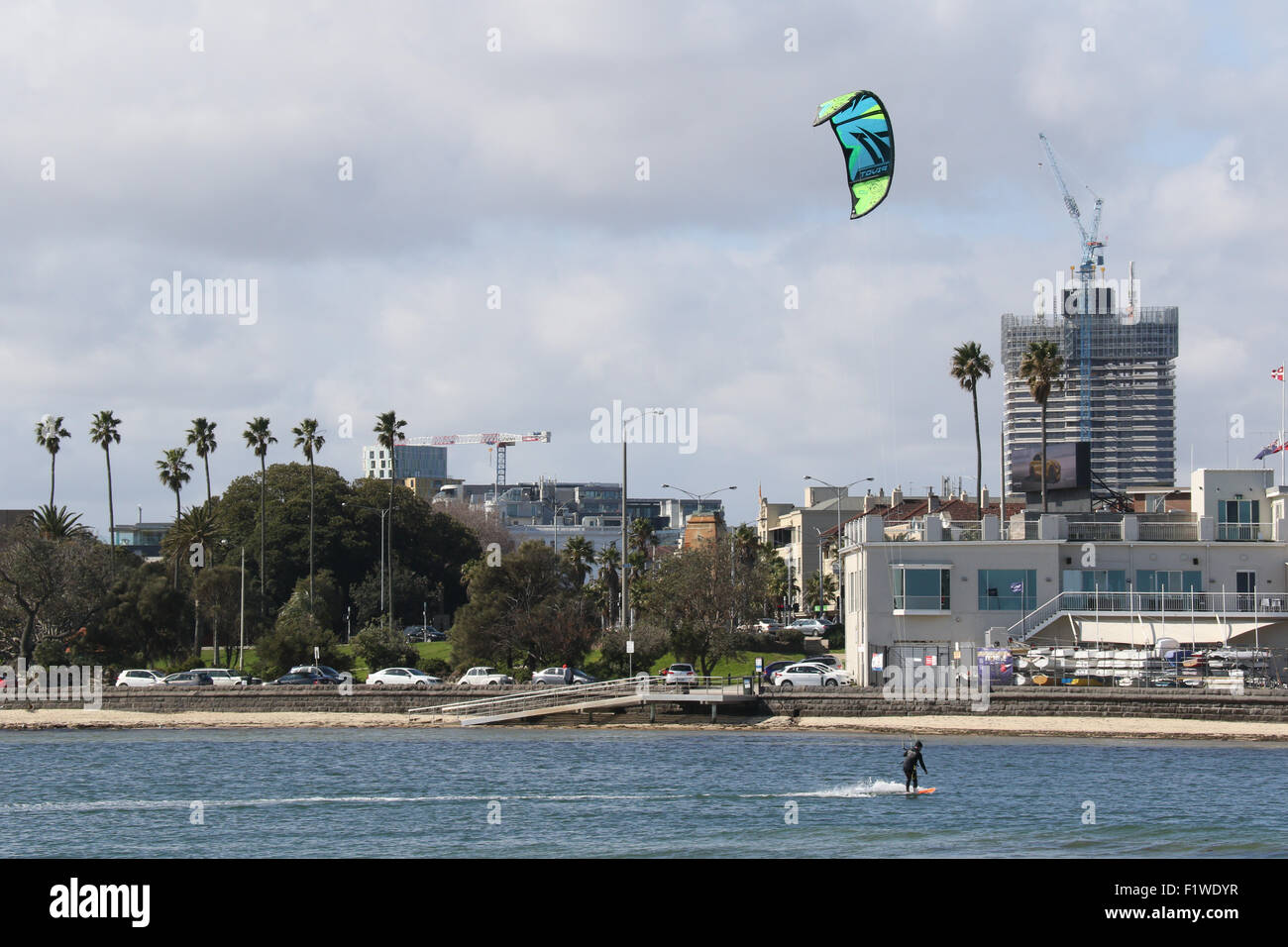 Kite boarders in Port Phillip Bay, viewed from St Kilda Pier. Stock Photo