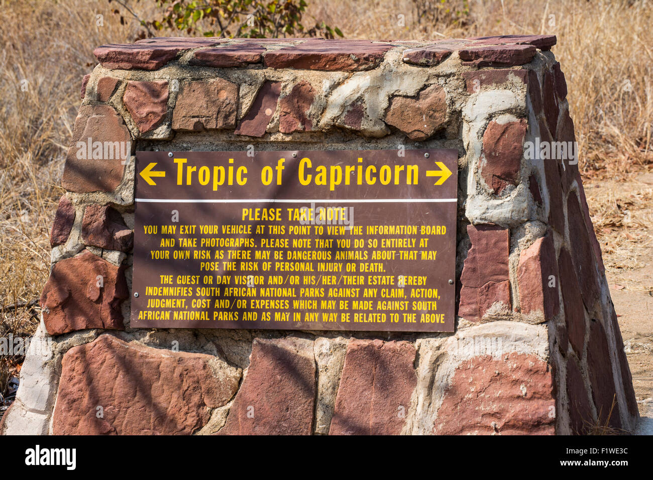 Sign in the Kruger National Park indicating where the Tropic of Capricorn is located Stock Photo