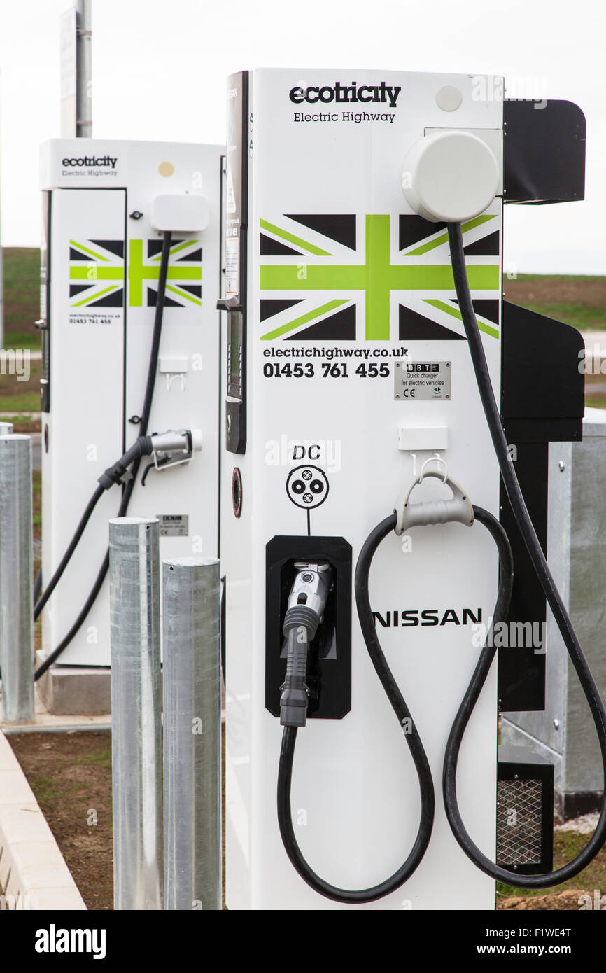 Nissan ecotricity point at the new Gloucester Services on the M5 motorway, Gloucestershire, England, UK Stock Photo