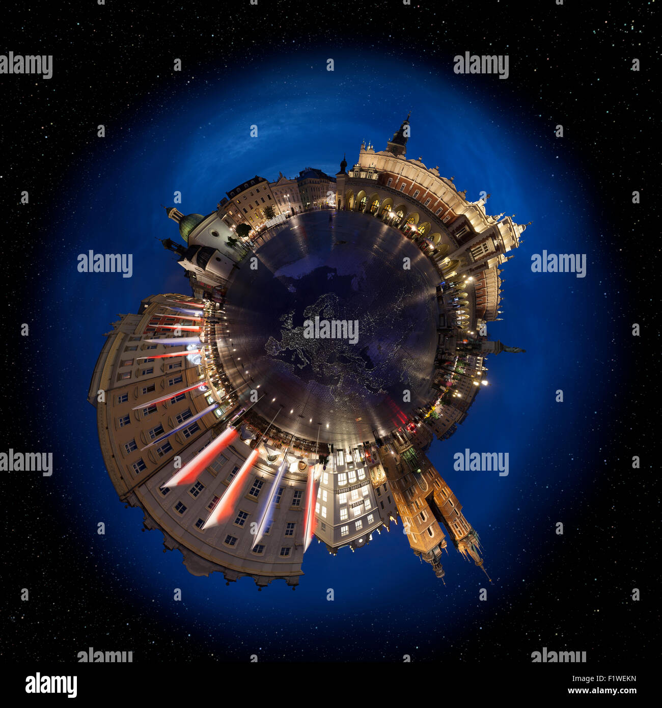 Miniplanet View Krakow old town main market square at night, 360 degree miniplanet ...