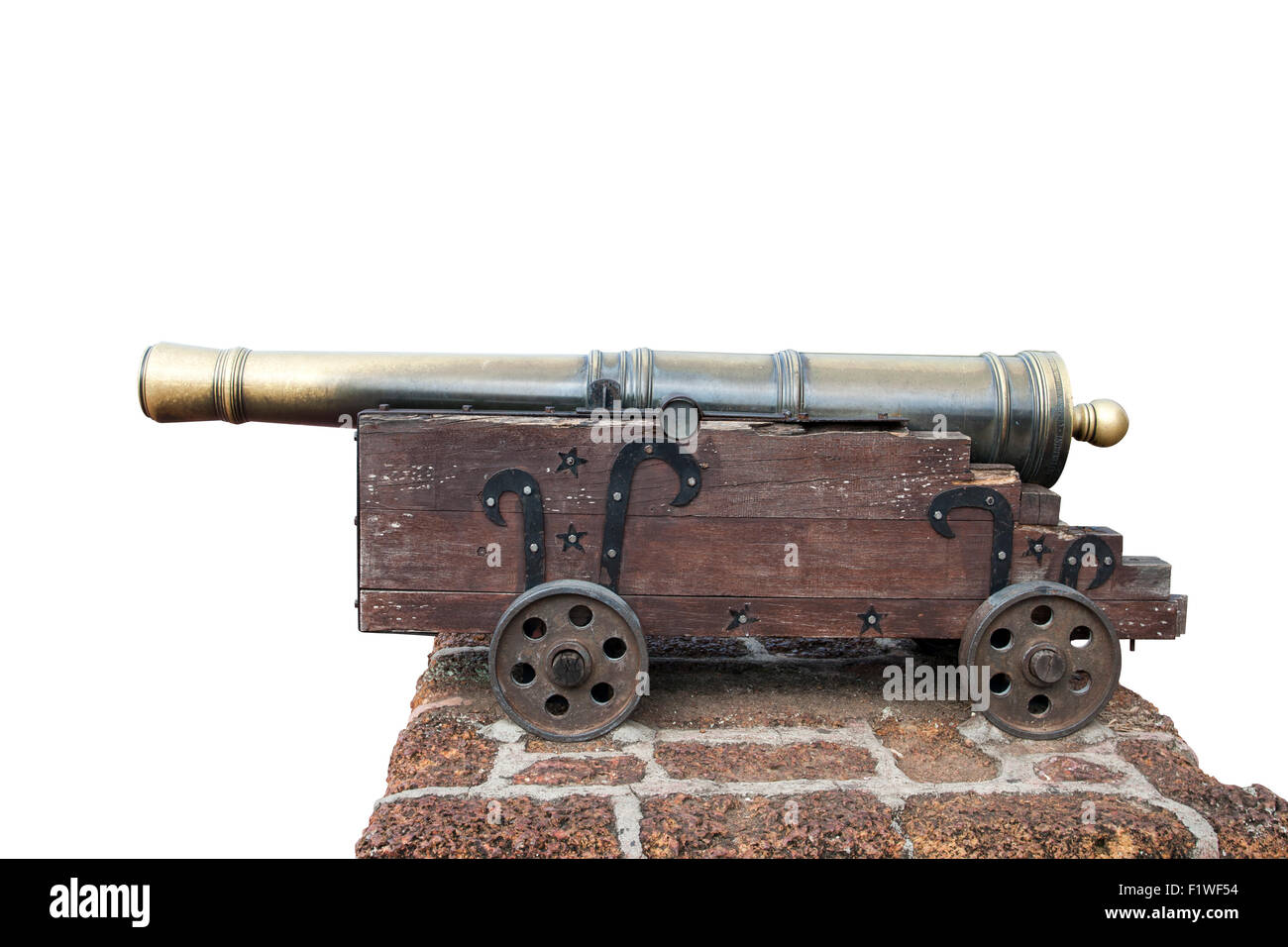 Medieval brass cannon isolated on white with clipping path Stock Photo
