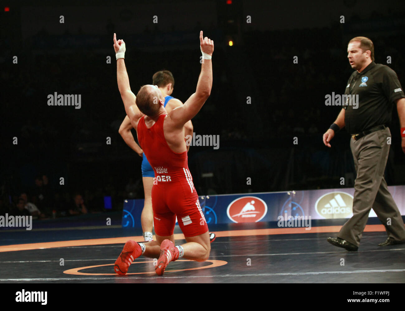 Las Vegas, Nevada, USA. 7th Sep, 2015. Germany's Frank Staebler defeats Korean Hansu Ryu to win the 66 KG weight class in Greco Roman wrestling on September 7, 2015 at the 2015 World Wrestling Championships at Orleans Arena in Las Vegas, Nevada. Credit:  Marcel Thomas/ZUMA Wire/Alamy Live News Stock Photo