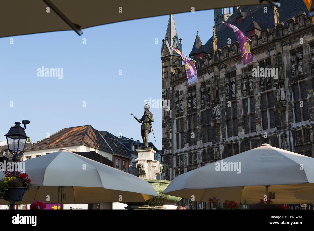 Aachen market square with the statue of Charlemagne and the town-hall in the background Stock Photo