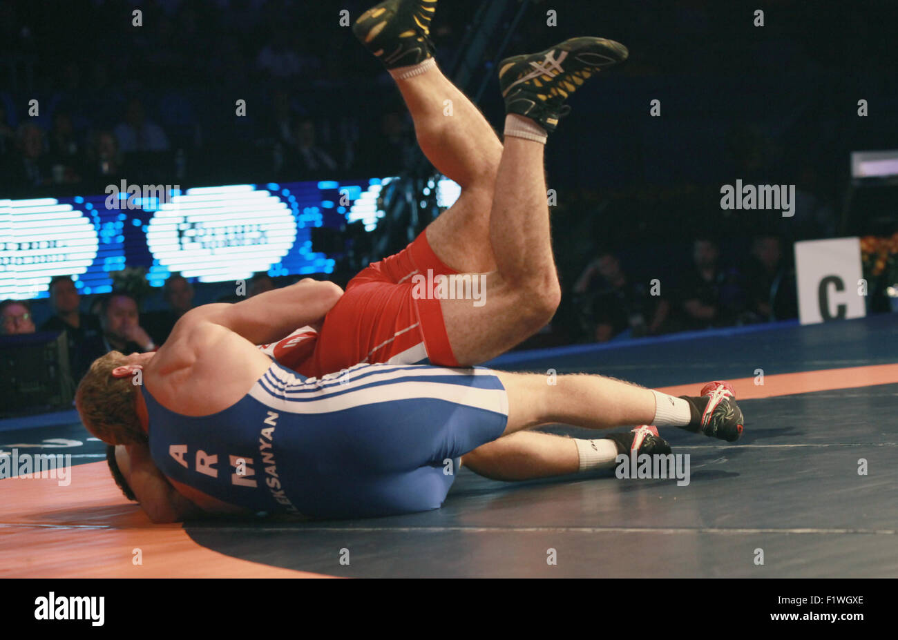 Las Vegas, Nevada, USA. 7th Sep, 2015. Armenian Artur Aleksanyan defeats Iran's Ghasem Rezaei to win the 98kg greco roman wrestling weight class on September 7, 2015 during 2015 World Wrestling Championships at Orleans Arena in Las Vegas, Nevada. Credit:  Marcel Thomas/ZUMA Wire/Alamy Live News Stock Photo