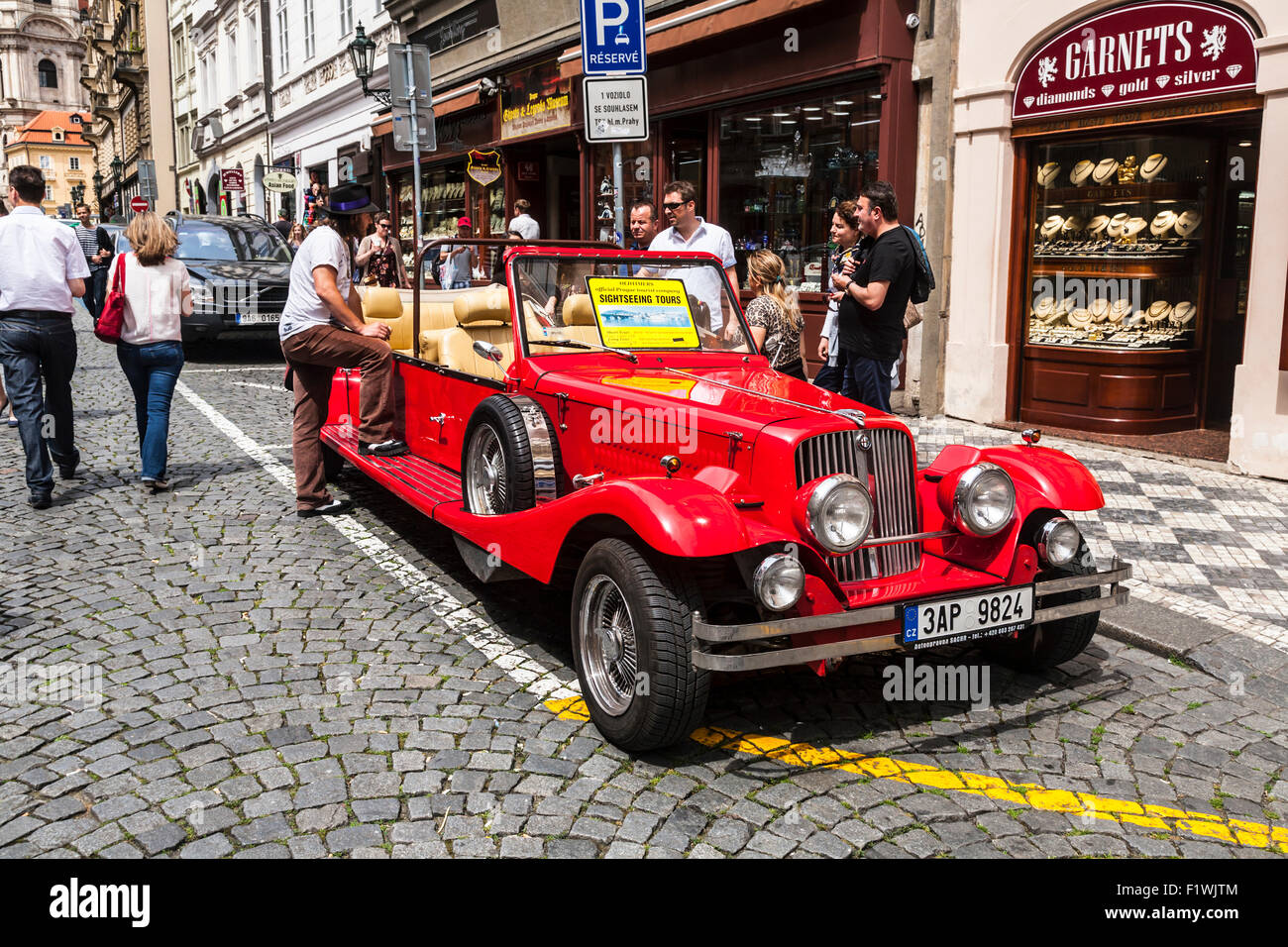 Retro style car used for tourist sightseeing excursions, Prague Cezch Republic. Stock Photo