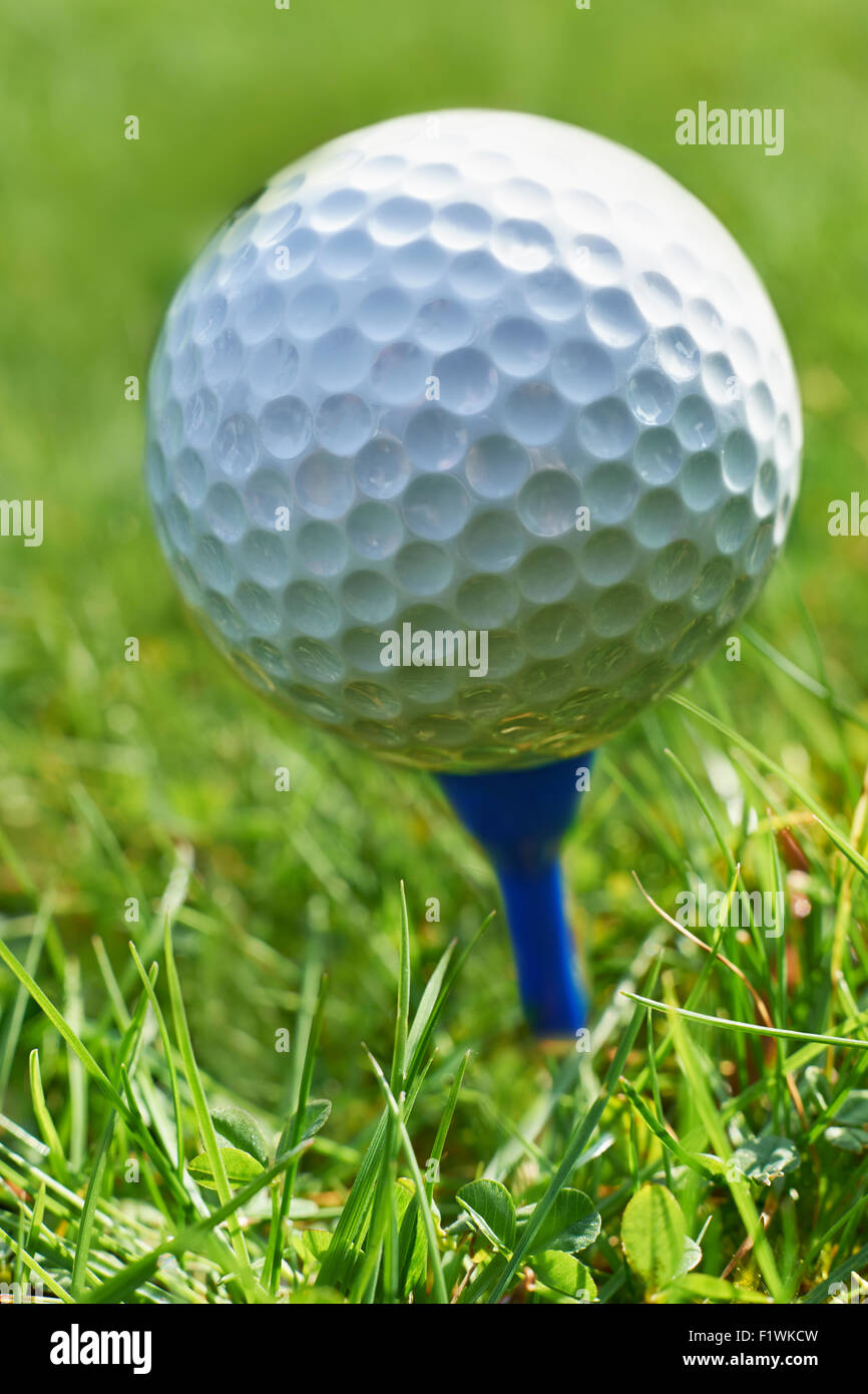 Close-up of golf ball resting on blue tee with grass and space for copy Stock Photo