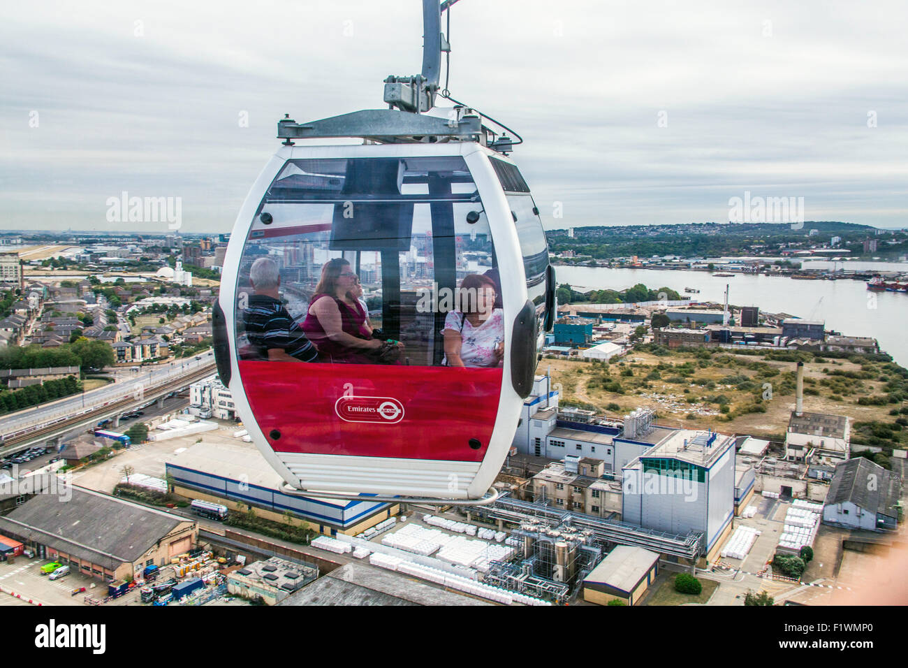Emirates Air Line cable car across the River Thames from North Greenwich to Royal Victoria Dock, London, England, U.K Stock Photo