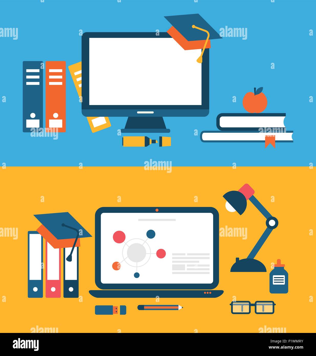 Banners with set of flat concept icons for education, distance e Stock ...