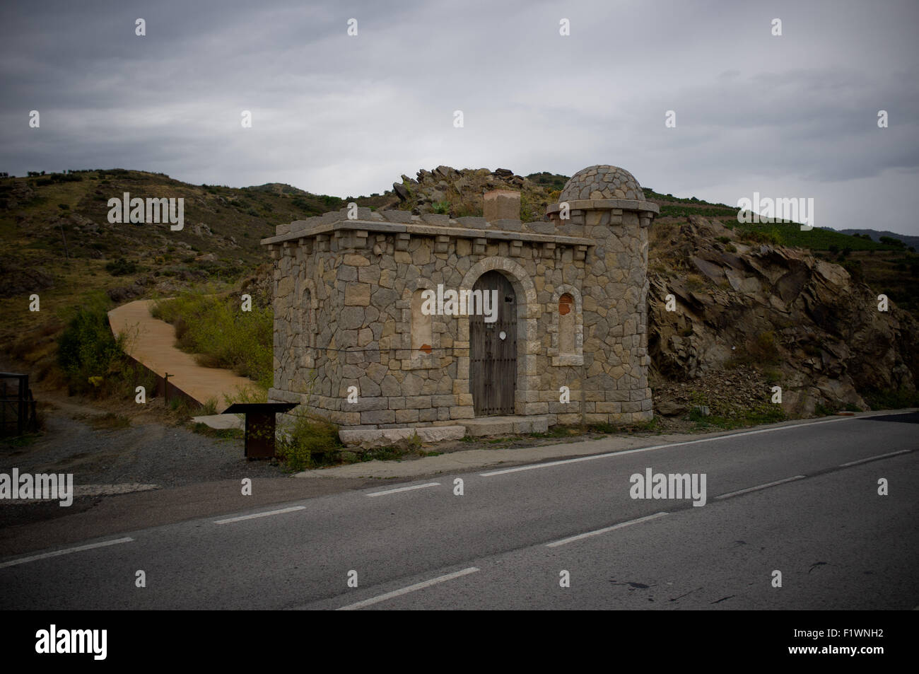 Ancient  guardhouse is  seen  on the former border between Spain and France (Portbou- Cerbère). Stock Photo