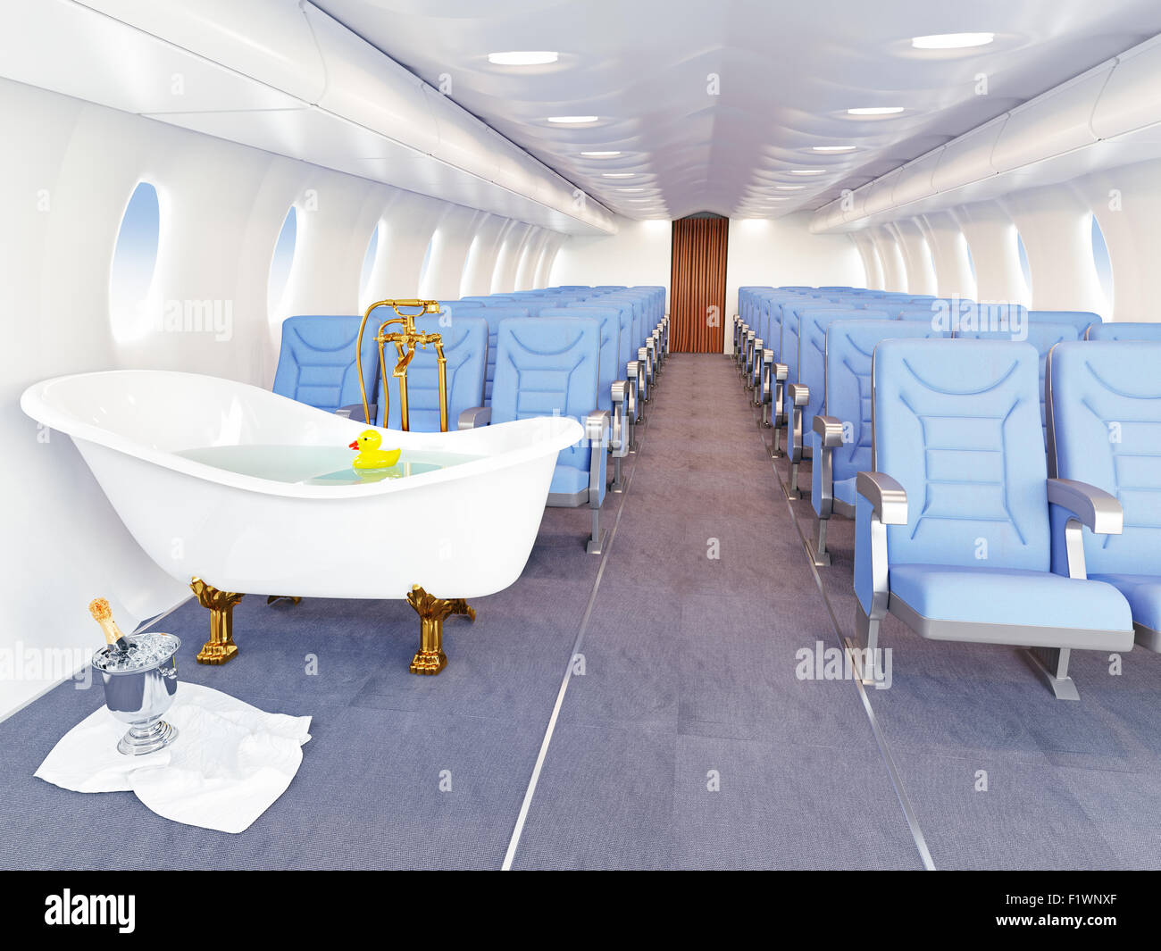 luxury bathtube in airplane cabin. 3d creativity concept Stock Photo