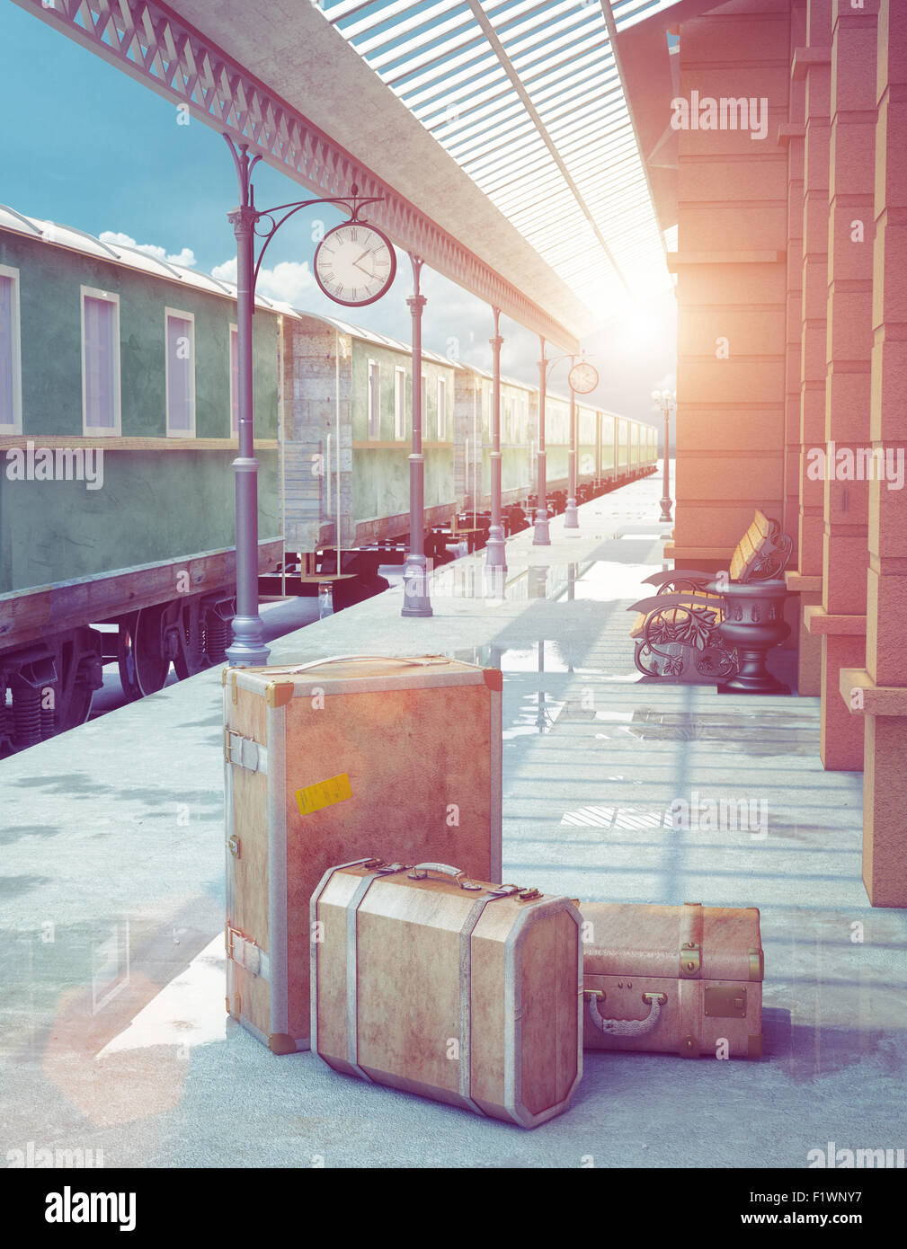 A set of vintage luggage consisting of old leather cases,  on the platform of a retro railway station Stock Photo