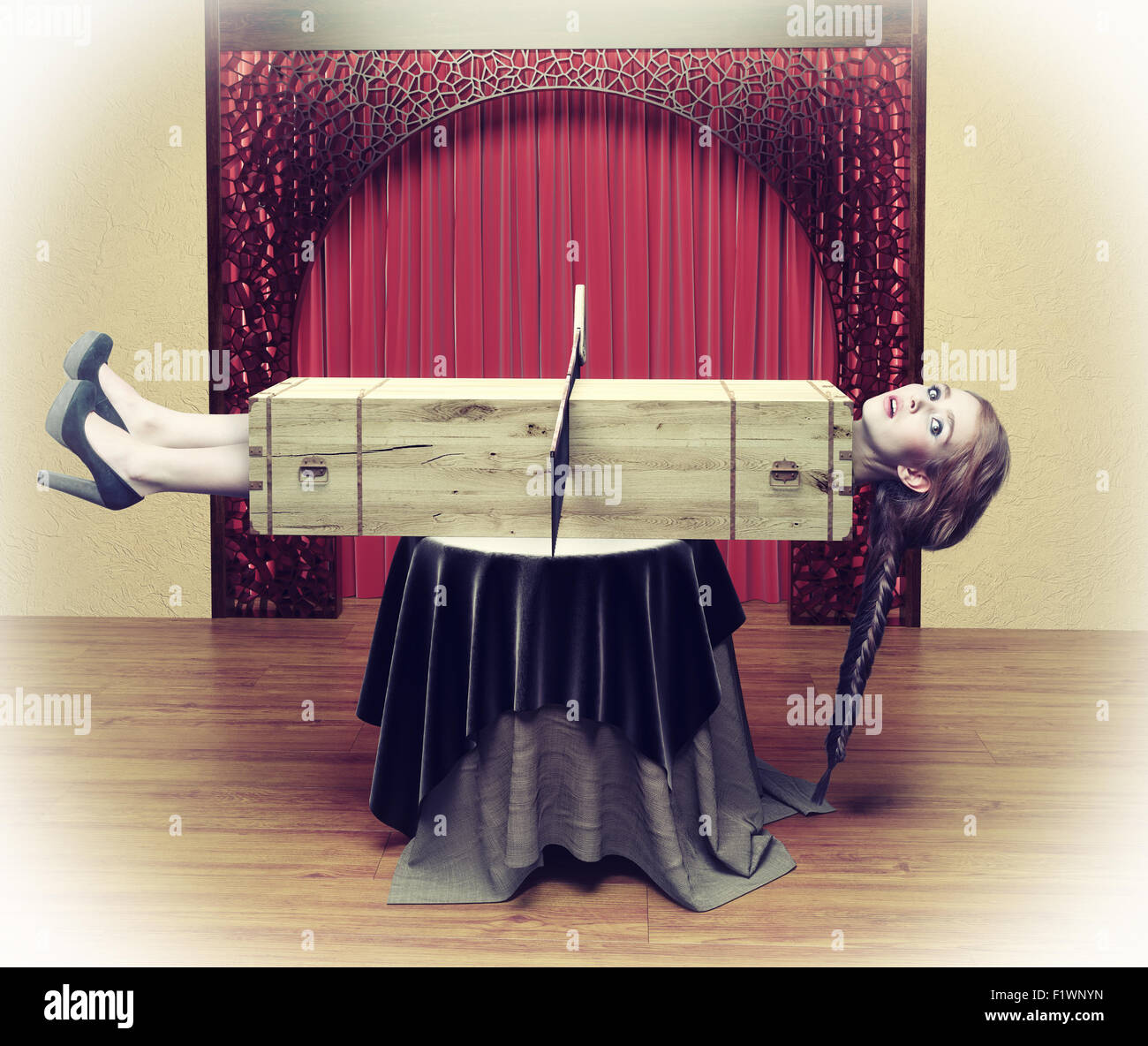 Magician sawing a woman with a saw.Photo combination concept Stock Photo