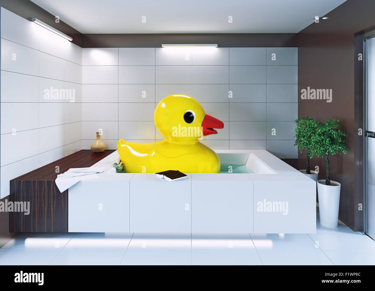 the big rubber duck relaxing in the bathroom. 3d creative concept Stock ...