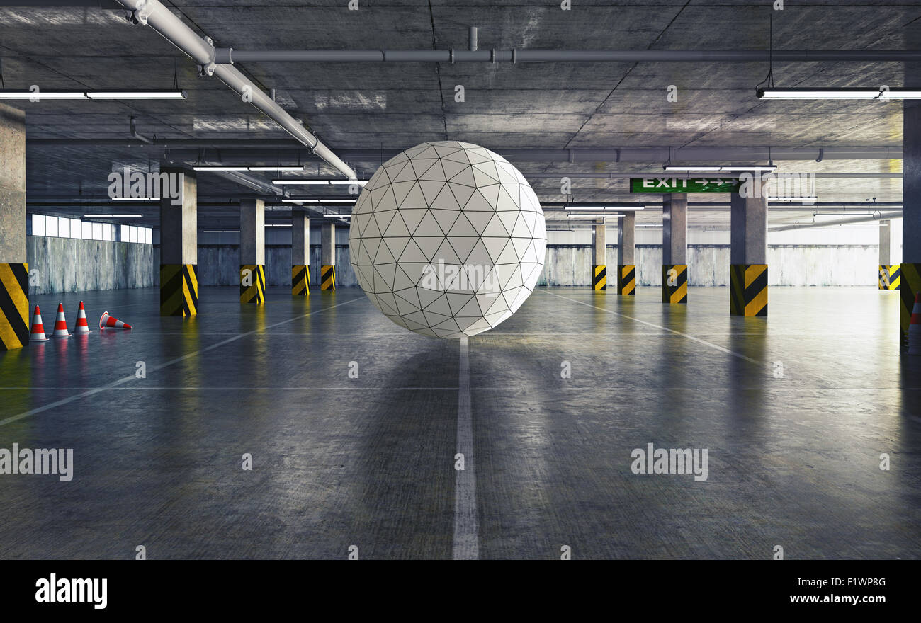 geometrical sphere in the parking. 3d creative concept Stock Photo